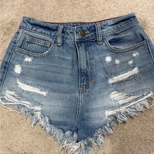 Fashion Nova Light Blue Distressed High-Rise Jean Shorts